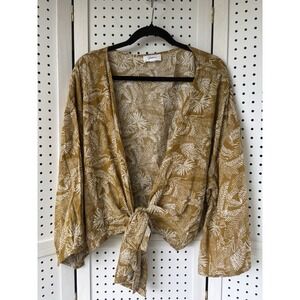 Japna Blouse Size M/L? Tie Front Kimono Sleeve Cropped Mustard Yellow Boho